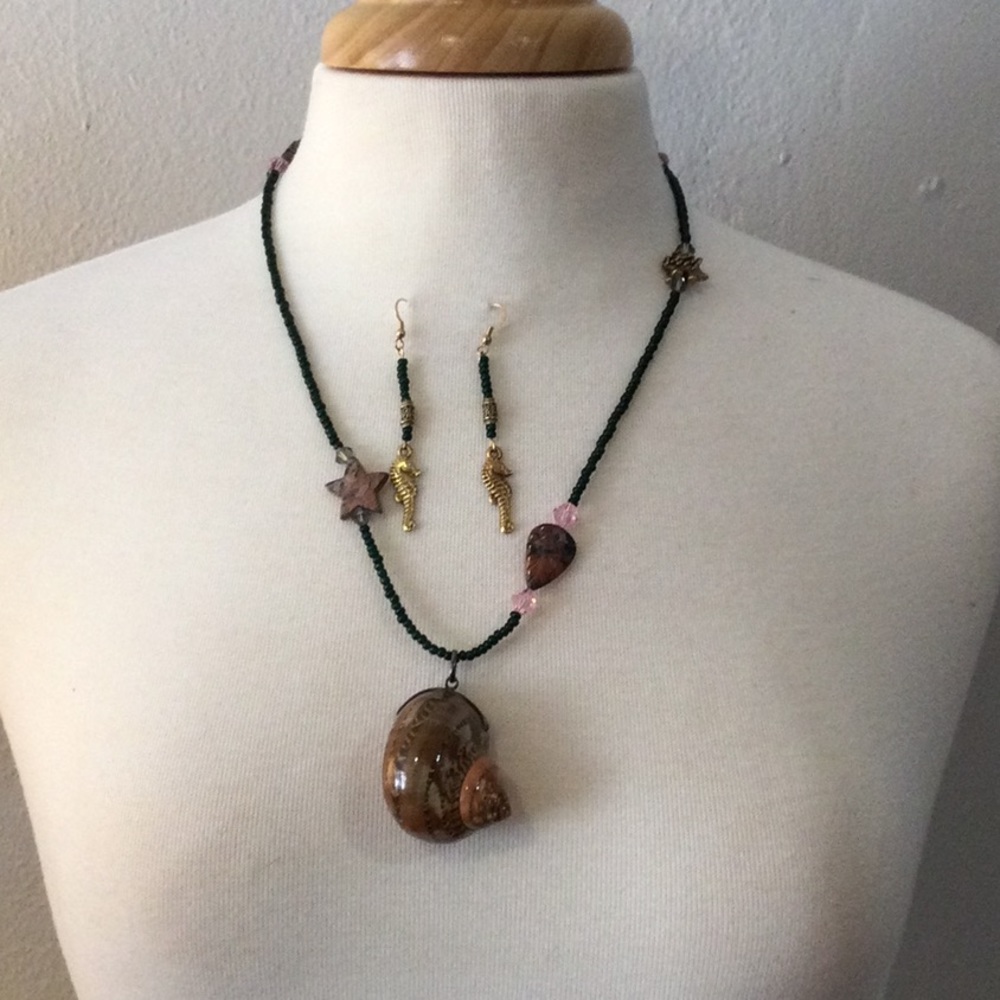 Seashell Necklace and Seahorse Pierced Earrings